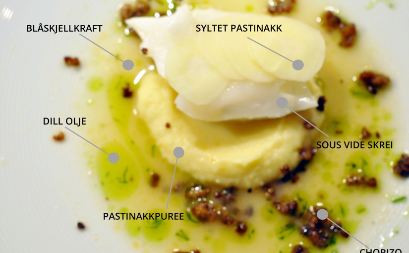 Sous Vide skrei, blåskjellkraft, pastinakk puree, syltet pastinakk, chorizo og dill&nbsp;olje