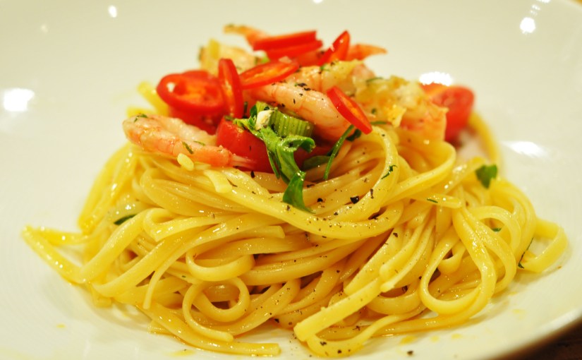 Pasta med reker, rekeolje og&nbsp;chili